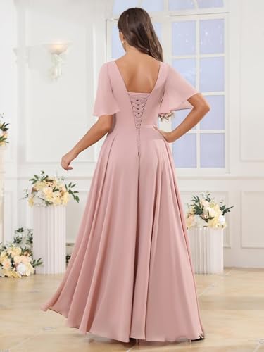 VGZ Women's V Neck Bridesmaid Dresses with Sleeves Pocket Chiffon Long A Line Formal Evening Gown3