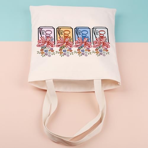 Image of JNIAP Drinks Pink Bow Coquette Tote Bag Drinks Wild Flowers Grocery Bag Soda Drinks Lover Gift (Co)