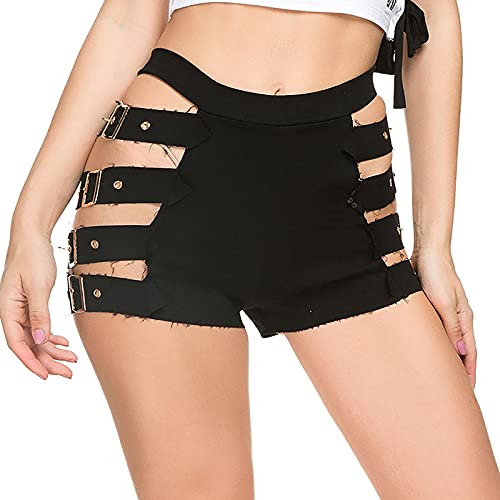 Vectry Damen Kurze Hose Freizeithosen Seite Hollow Out Sexy Hotpants High Waist Jeansshorts Sommerhose Mode Löcher Shorts Mini Pants Streetwear(Schwarz Cover