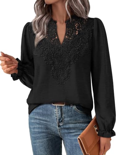 Boho Tops for Women V Neck Lace Long Sleeve Tops Dressy Blouses Black L