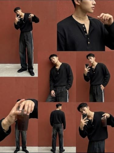 Image of Men's Textured Fabric Solid Half-Open Collar T-Shirt | Full Sleeve, Casual Shirt