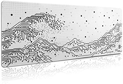 White Mouse Pad Japanese Sea Wave Gaming Mouse Pad Kanagawa with Stitched Edges 3mm for Home Office 31.5 x 11.8 Inch, White Edition