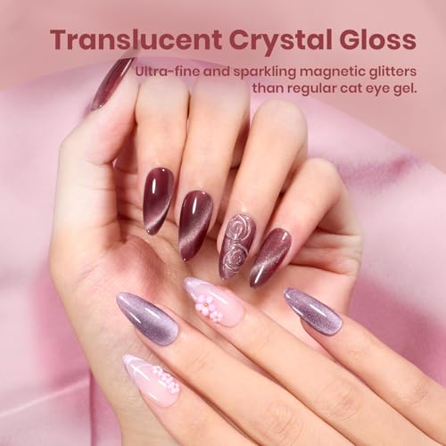 Image of Beetles Purple Cat Eye Gel Polish Nail Set, 6 Colors Glitter Gel Polish | Magnetic Cat Eye Gel Purple Red Pink Gel Polish Kit Soak Off UV Ceramic Rose Collection Manicure Gift for Women