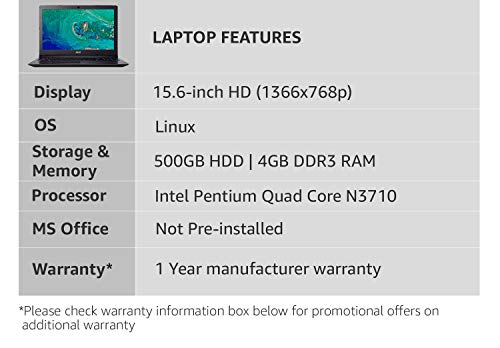 Image of Acer Aspire 3 A315-33 Pentium N3710 Processor 15.6-inch Laptop (4GB /500GB HDD /Linux /Black /2.2kg)