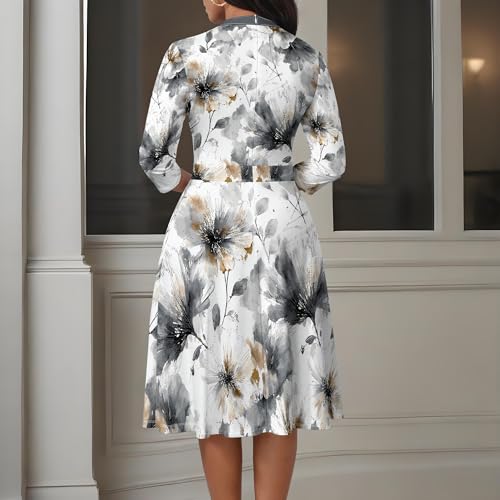 Image of PinkPatty Women's Casual A-line Midi Dresses 3 /4 Sleeve V Neck Fit and Flare Dress with Pockets