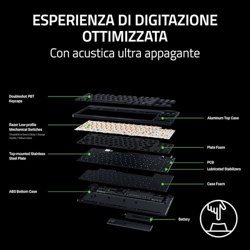 BlackWidow V4 Tenkeyless HyperSpeed Low Profile - Tastiera da gaming wireless con hot-swap (HyperSpeed e BT, Rotella multi-funzione e 3 pulsanti di controllo) Interruttore Verde | Layout US - Tastiera gaming - Immagine 5