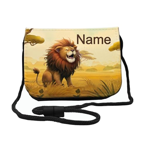 Kinder Brustbeutel mit Name + Schriftartwahl | Klettverschluss mit Schnur zum Umhängen und Klarsichtfach | Geldbeutel personalisiert | 3 Farben (Löwe)