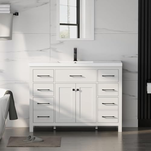 LUCKWIND 48' Modern Bathroom Vanity and Sink, Painted Bathroom Storage Cabinet with Single Resin Sink, Two Doors and Four Drawers, Include Faucet Without Mirror, White