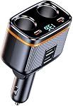 6 in 1 Cigarette Lighter Adapter with PD45W Charging, AKAARI 145W Car Charger Adapter, 24V/ 12V Cigarette Lighter Splitter with 1 USB-C, 2 USB-A Charger and Super Fast PD45W Charging, Voltage Display