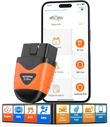 AUTOPHIX OBD2 Bluetooth Adapter, 3210 PRO Auto Diagnosegerät Check Motor ABS SRS Getriebe Drahtlose Auto Auslesegerät Fehlercode Lesegerät mit Batterie Test Exklusive APP für iPhone, iPad und Android