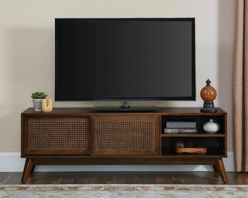 LKTART 59 inch Mid Century Modern TV Stand with Rattan Cabinet Doors, Boho Entertainment Center for 55/60/65 inch TVS, Media Console for Living Room/Bedroom, Dark Walnut