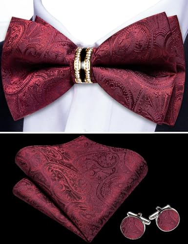 Image of YOHOWA Mens Bow Tie Set Paisley Pre-tied Bowties Adjustable with Handkerchief Cufflinks Gold Ring Set Wedding Prom Party