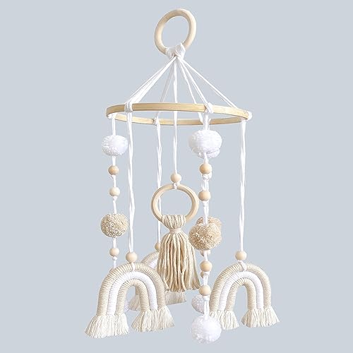 Image of Baby Mobile for Crib, Rainbow Boho Crib Mobile Gender Neutral Nursery Mobile Decor for Infants Boys and Grils, Hanging Baby Crib Mobile Boho for Infant Bedroom Nursery Ceiling Decoration - White