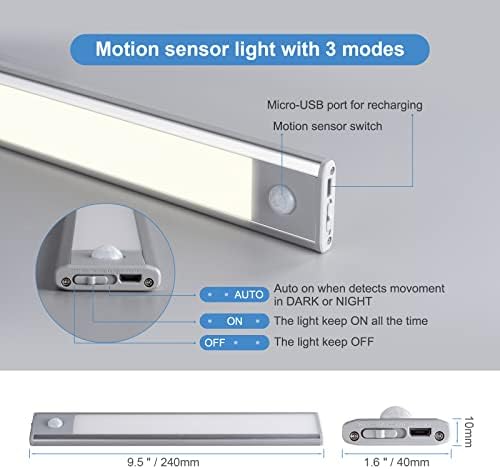 GRIFEMA Motion Sensor Lights Indoor, Magnetic Lights USB Rechargeable, Under Cupboard Kitchen Lights, Stick on Lights, 40 LED, 3 Modes, 24CM [Energy Class A], Silver