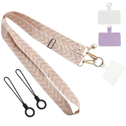 KeyQueen Cuerda para Movil, Cordón de Correa Colgante para Movil Universal Ajustable con 2 Parche, Colgador Móvil Cuello para Mujeres Multifuncional para Todos los Smartphones(Rosado)
