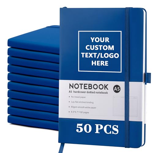 Vebermo Personalized Notebook Bulk-Can Customize Logo/Text/Image, Customizable A5 Journal Notebook Daily Journals For Writing-192 Lined Pages 8.5 x 5.71 Inch,Deep Blue,50 pcs