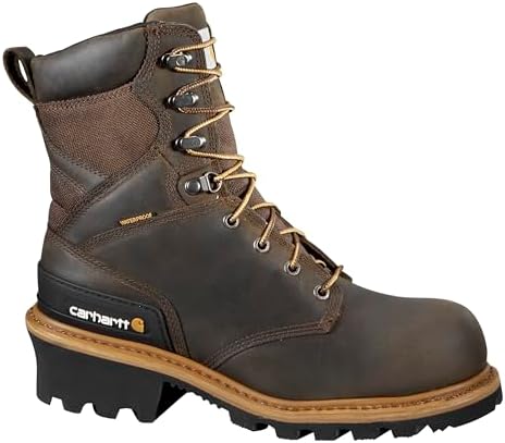 Carhartt 8” Waterproof Leather Logger Boot – Composite Toe Work Boots for Men with Goodyear Welt, Slip-Resistant Outsole, EH Rated – Crazy Horse Brown - 10.5