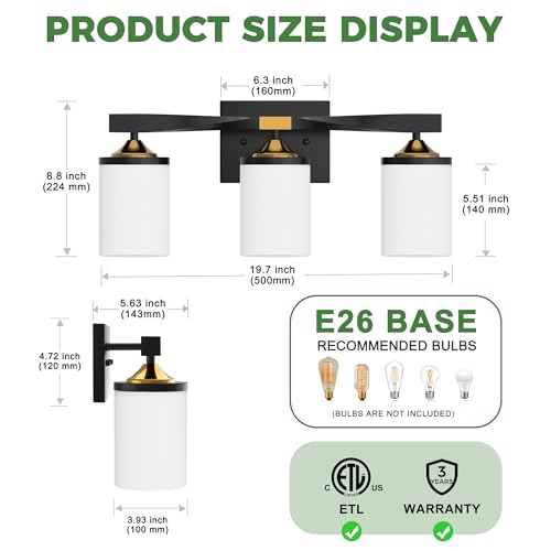 Image of DORESshop Bathroom Light Fixtures, 3-Light Black and Gold & Milky White Bathroom Lighting Fixtures Over Mirror with Milk Glass Shade, Modern Vanity Lights for Hallway Bedroom