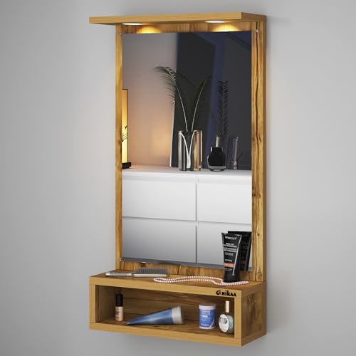 Image of Anikaa Jinny LED Light Wall Hanging Dressing Mirror Home Decor Wall Mirror Decorative Wall Mirror for Living Room Bedroom - Gaintwood (D.I.Y - Do-It-Yourself), Rectangular, Brown