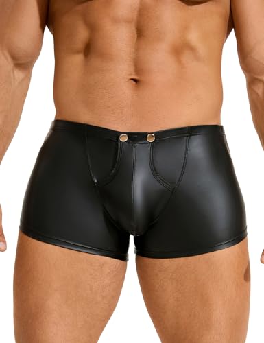sunshinelady Boxershorts Herren PU Boxer Shorts Wetlook Sexy Höschen Große Größen Unterwäsche Mit Beutel Unhterhose Mit Knöpfen Sissy Dessous Männer Schwarz Clubwear Underwear Men Schwarz,L