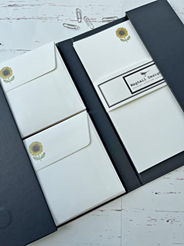 Wagtail Designs Geschenk-Set mit Sonnenblumen-Illustration in einer schönen schwarzen Schreibmappe mit Magnetverschluss (18 Blatt und 18 Umschläge) Cover