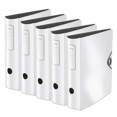 Leitz Qualitäts-Ordner 180° Active Solid, 5er Pack, A4, Breit, Abgerundeter Rücken, 8,2 cm breit, Gummibandverschluss, Leichtes Polyfoam, Plastik-Ordner, Weiß, 10471001