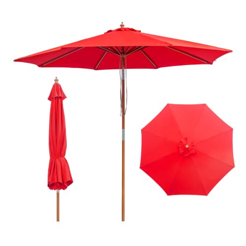 SUNNYARD 9FT Bamboo Patio Umbrella, UPF50+ Outdoor Table Umbrella, Red