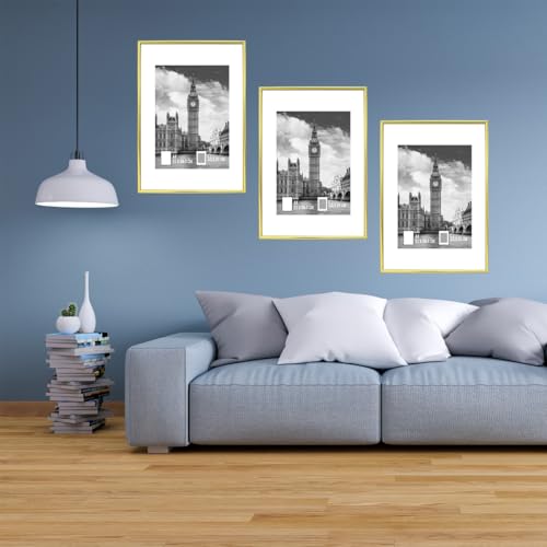 Image of GOmaize Front Loading Aluminum alloy Gold Picture Frame A4 Set of 3 Wall and Table Mounting