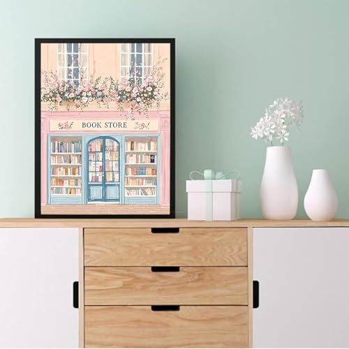 Image of Eiazuiks Stamping Cross Stitch Kit, Bookstore Counting Cross Stitch Kit for Adult Beginners, Full Line DIY Stitching Kit for Home Decor Cross Stitch Patterns 12x16 inches