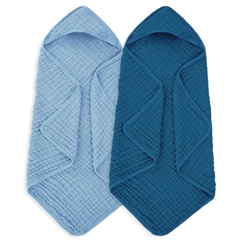 Image of MIGIOL Muslin Baby Towels 100% Cotton ，Super Soft Muslin Baby Bath Towel - 32 x 32 Inches, Suitable for Newborn and Young Children up to 3 Years Old. (Light Blue & Dark Blue)