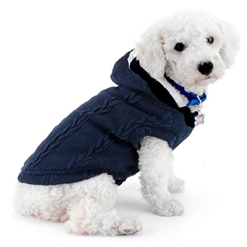 SMALLLEE_LUCKY_STORE Knitted Dog Clothes Jumper with Hood Warm Hoodie Jacket Coat for Small Dogs Blue M, M(Back:9.5";Chest:14.5") - Image 3