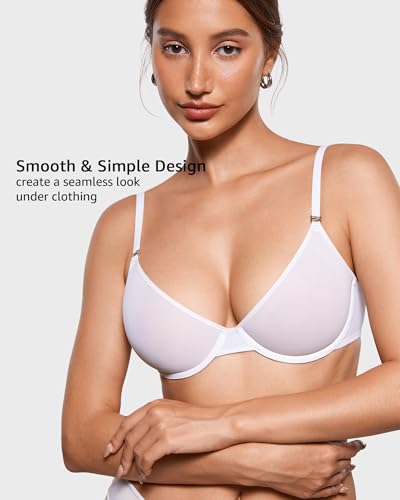 Image of INLYRIC Women's Cosnufy Sheer Balconette Bra Demi Unlined Plunge Mesh See Through Sexy Bras Underwire
