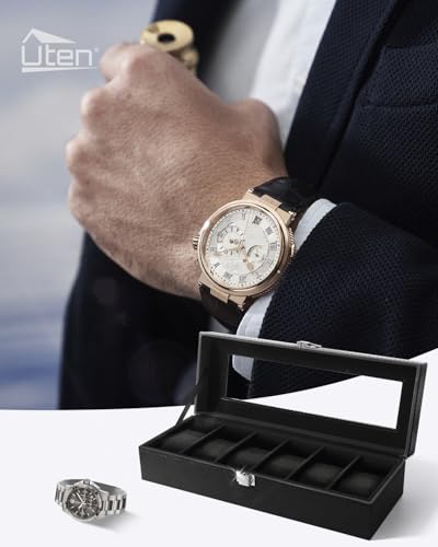 Image of Uten Watch Box, 6 Slots Watch Case, Watch Organizer Jewelry Storage with Large Glass Lid, Black Lining, Watch Display Box for Men & Women Gift
