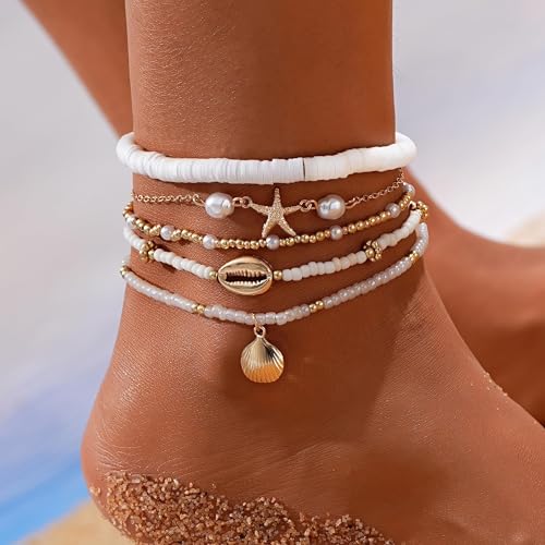 Boho Shell Ankle Bracelet Set for Women, 5 Pairs 14K Boho Bead Handmade Adjustable Anklet, Hawaiian Beach Seashell Starfish Foot Jewelry Gifts2