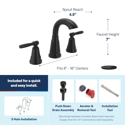 Image of Moen Halle Matte Black Widespread Traditional Bathroom Faucet with Drain Assembly for 3-Hole Applications, 84972BL