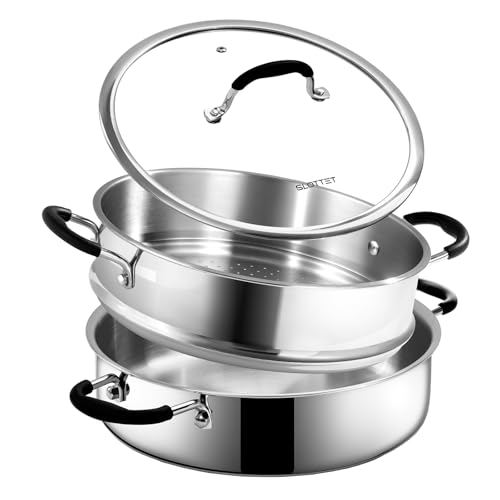 SLOTTET Tri-Ply Stainless Steel Saute Pan with Lid, 5 Quart Deep Sauté Pan with Steamer,11.5 Inch Frying Pan,Dishwasher and Oven Safe,Induction Stainless Steel Cookware