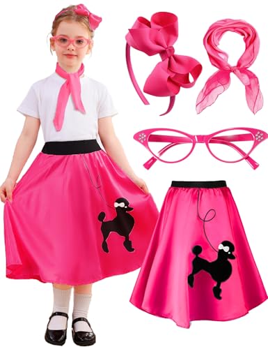 TNNO 50s Outfit for Girls Poodle Skirt Halloween Costume Kids 50s Costume Decades Day Sock Hop Outfit with Headbands, Glasses, Scarf 12-14Y Hot Pink L