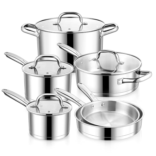 Comparison: Best Induction Base Kitchen Set 10 E-far 10-Piece Stainless Steel Cookware Set, Induction Pots and Pans Set with Tri-Ply Base, Non-toxic Kitchen Cooking Set w/Frying Pan, Saucepan, Saute Pan, Stockpot with Lids, Oven & Dishwasher Safe