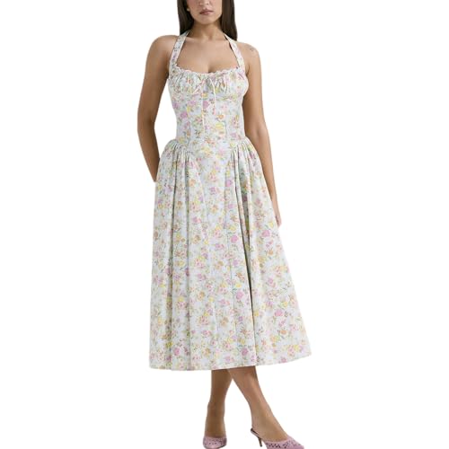 Image of Women Floral Corset Dress Halter Neck Low Cut Bustier Lace Midi Dress Flowy Pleated Hem Long Sundress with Pockets