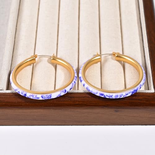 Blue and White Porcelain Hoop Earrings for Women 18k Gold Plated Silver Needle Vintage Big Round Earrings Chinese Style Unique Personalized Drop Hoop Earrings Jewelry3