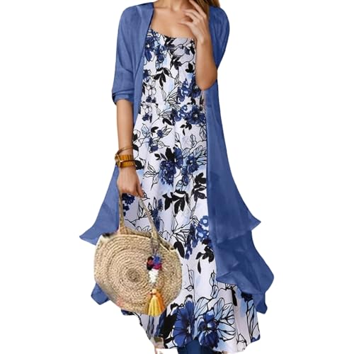 Akivide Womens's Casual 2 Piece Set Boho Floral Print Maxi Dress with Cardigan Flowy Chiffon Wedding Guest Dresses for Women