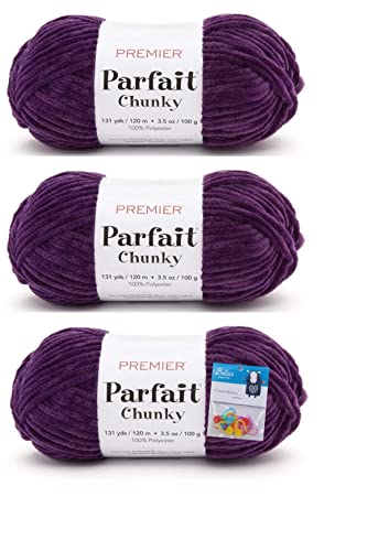 Image of Premier Yarns Parfait Chunky Chenille Yarn 3.5 Oz 6 Super Bulky Weight 3 Pack Bundle with Bella's Stitch Place Holders (Eggplant)