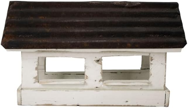 Bird in Hand Amish Made Small Covered Bridge Bird Feeder – Rustic White Reclaimed Wood Fly-Through Feeder – 0.8 Qt Capacity, Post Mount, Made in USA