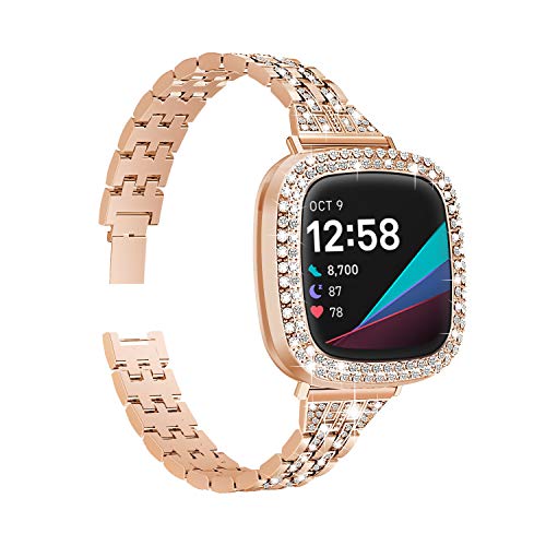 Mocodi Band with Case Compatible for Fitbit Sense/Versa 3, Bling Women Girl Dressy Crystal Band with Shiny Protective Bling Bumper Frame Cover Accessories for Fitbit Sense/Versa 3 Smart Watch