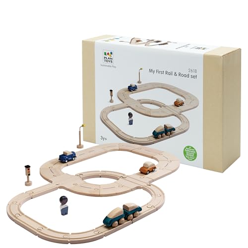 Image of PlanToys Wooden My First Rail & Road Toy Set Montessori Building Kids Play | wooden train, toy cars, tracks, girls, boys, imaginative fine motor problem solving city role gift preschool interactive