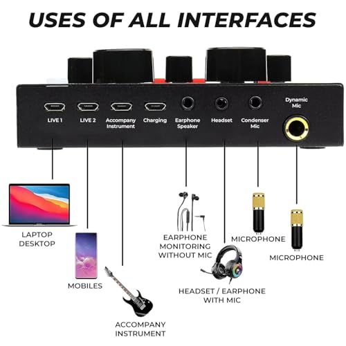 Image of Condenser Microphone Full Setup with Sound Card for Podcast Recording, Singing, Voice Capturing, YouTube Videos, Interviews Recorder Microphones (Black, V8 Sound Card, BM800 Mic)