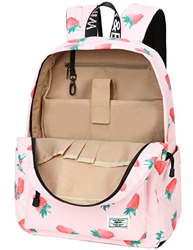 MIRLEWAIY Pink Strawberry Backpack for School Girls Lightweight Teen Primary Bookbag, Pink Strawberry3