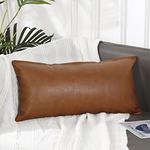 Panod Decorative Lumbar Throw Pillow Covers 16 X 26,Premium Faux Leather Long Pillow Covers Cushion Case For Farmhouse Sofa Couch Bed Livingroom,Modern Boho,Vegan Brown #TOP1
