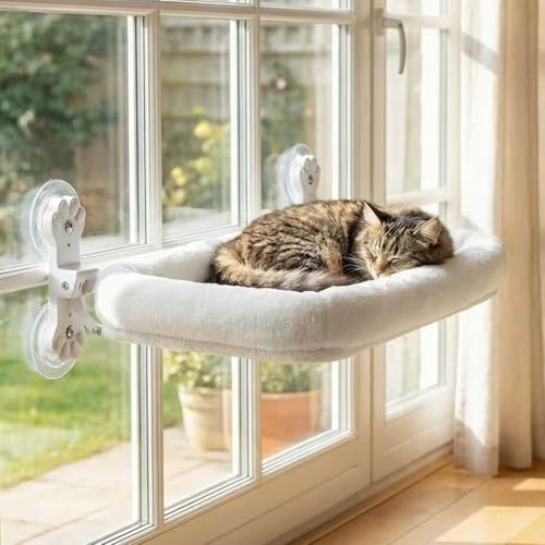 Cat Window Perch Foldable & Cordless - Heavy Duty Stainless Steel Hammock for Large Cats (Holds 18kg+ / Multi-Cat), Sturdy Window Seat with Washable Cover, Space Saving Design (White)