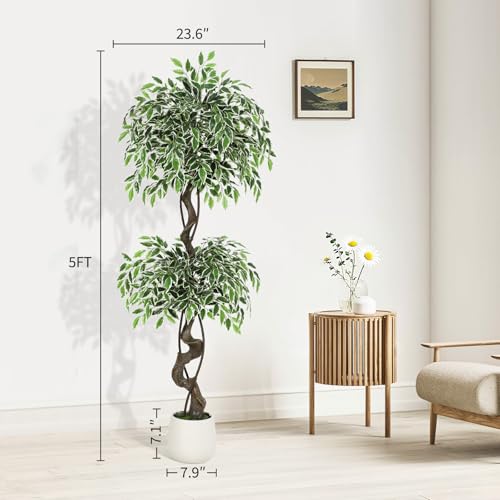 5ft Artificial Ficus Tree, Tall Fake Plants Indoor with White Planter & Pebbles, Realistic Variegated Silk Faux Tree with Natural Wood Trunk, Floor Plant for Living Room Corner, Home Office Decor - image 5